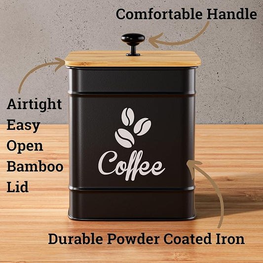 Airtight Coffee Canister - 40 oz Large Iron Black Coffee Container Airtight - 6 x 8 inch Metal Jar - Stylish Countertop Container for Coffee Grounds, Beans, Pods & More with Rubber-Lined Bamboo Lid