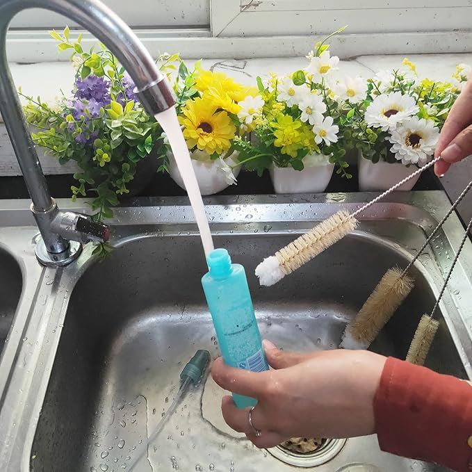 NewFerU Stainless Steel Soda Bottle Cleaning Brush Set in Natural Boar Bristle Wool Tip Long Handle, Flexible Bendable Thick Wire Cleaner for Narrow Neck Water Baby Bottles Straw Pipe Tube Flask (5)