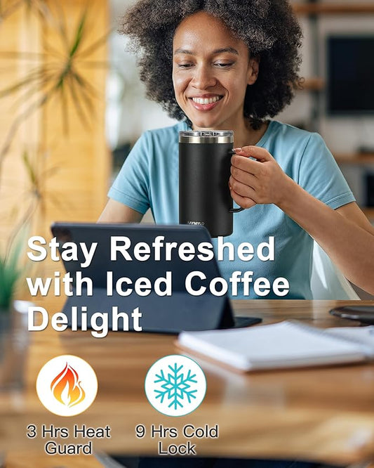 Insulated Coffee Mug 24 oz, Double Wall Stainless Steel Coffee Mug with Lids, Leak-Proof & Detachable Slider Lid for Thorough Clean, Keeps Coffee Cold for 9 Hrs, Suitable for Camp Home Office