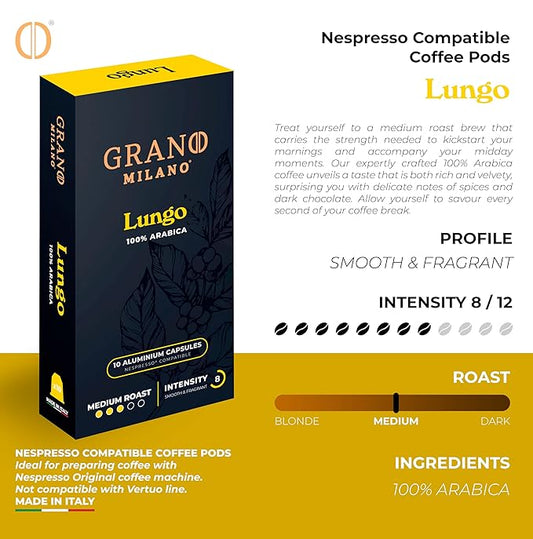 New Grano Milano Lungo Coffee Capsules- 50 Aluminum Coffee Pods Compatible with Nespresso Original line,100% Arabica Medium Roast - Intensity 8/12, Made in Italy