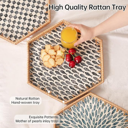 Hexagon Rattan Tray with Mother of Pearl Inlay, Rattan Serving Tray for Coffee, Bread, Fruits, Snacks, Decorative Wicker Tray for Table Decor, Home Decor (Little Bluefish, 14.5"×12.8")