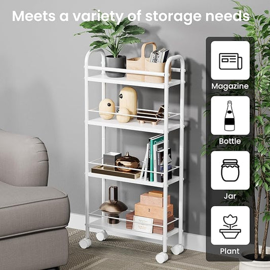 Slim Storage Cart, 4-Tier Small Rolling Cart with Wheels, 5.9" Deep, Narrow Bathroom Shelf Trolley for Kitchen, Bathroom, Laundry Room, White Standard 4-Tier (5.9" W x 33.6" H)