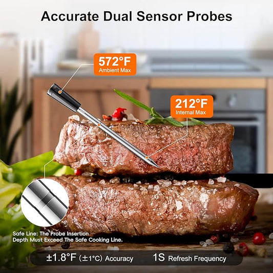 Newise 4 Probes Wireless Meat Thermometer, Bluetooth Digital Food Thermometer for BBQ, Grill, Oven, Smoker, Long Range and Rechargeable Base with Real-time Alerts, Cooking Gifts for Men