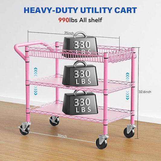 YNN Pink Rolling Cart, 990Lbs 3 Tier Heavy Duty Metal Cart with Wheels & Handle NSF Wheeled Cart 31" D x 18" W x 33" H for Bedroom, Bathroom, Kitchen,Garden,Decor,Serving