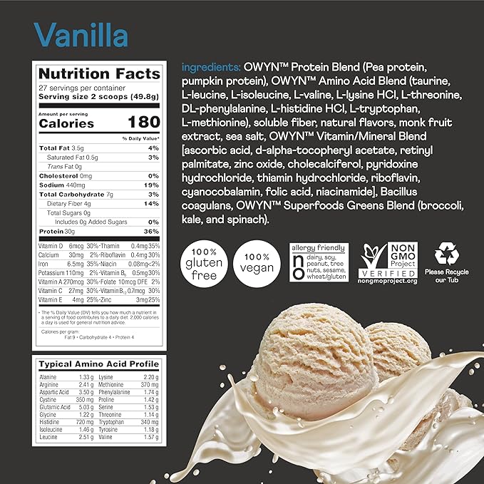 OWYN Only What You Need Pro Elite Vanilla Flavored Protein Powder, 32g Protein, 0g Sugar, 4g Fiber, High Protein, Dairy Free, Gluten Free, Plant Based Protein Powder, 2.9LB