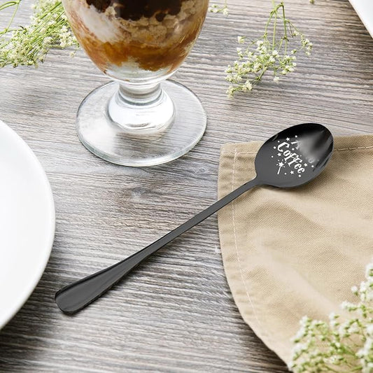 PZJIEAN Engraved Coffee Spoon - Black Stainless Steel Funny Gift for Coffee Lovers & Bookworms | Long Handle Ice Cream Dessert Spoon for Birthday Valentine Christmas