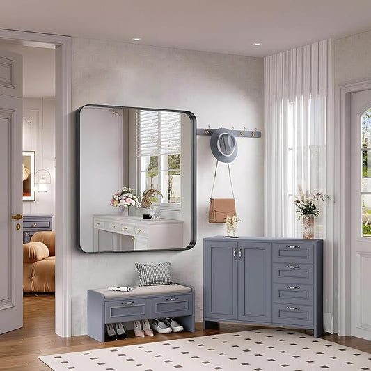 FORBATH 48x40 Inch Bathroom Mirror, Brushed Black Deep Frame Wall Mirror with Rounded Corners, Anti-Rust Tempered Glass for Modern Farmhouse Vanity (Horizontal/Vertical)