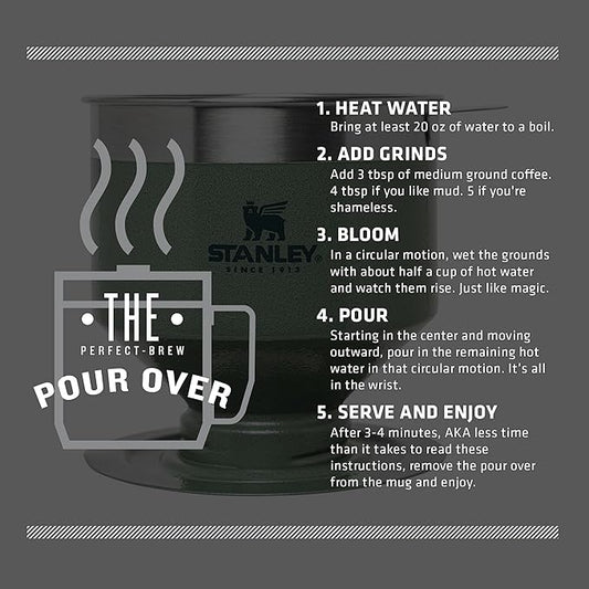 STANLEY Perfect Brew Pour Over Manual Single Cup Coffee Maker Drip Coffee Maker with Reusable Filter | Easy Clean Stainless Steel BPA-Free Hammertone Green (Pack of 4)