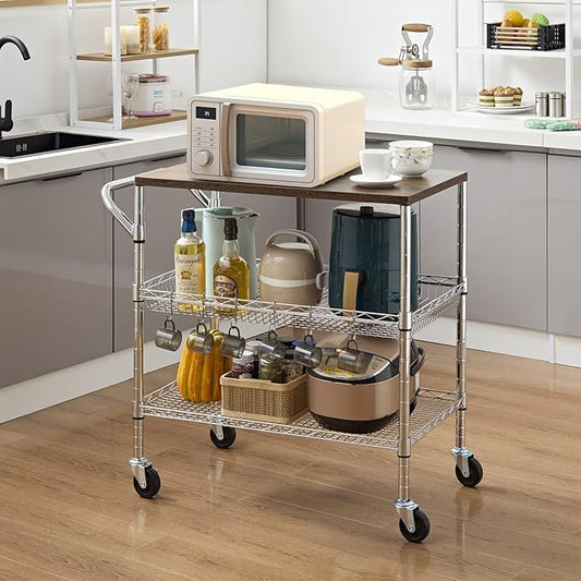 Rolling Kitchen Carts on Wheels With Storage,650Lbs Heavy Duty Metal Cart with Wheels,3 Tier Rolling Cart with Wooden Top,NSF Utility Cart with Handle for Food Cart Serving Carts,30.3"L*31.9"H*18.1"W