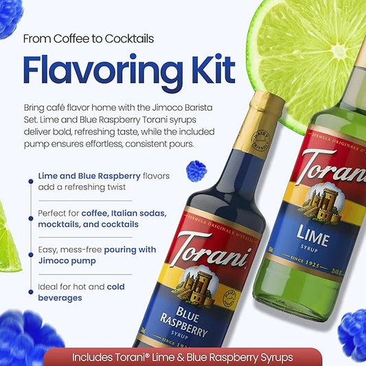Jimoco Barista Set – Torani Lime & Blue Raspberry Syrups (25.4 oz Each) with 2 Jimoco Syrup Pumps, Reusable Cups, Straws & Stirrers – Coffee, Italian Soda & Cocktail Flavoring Kit