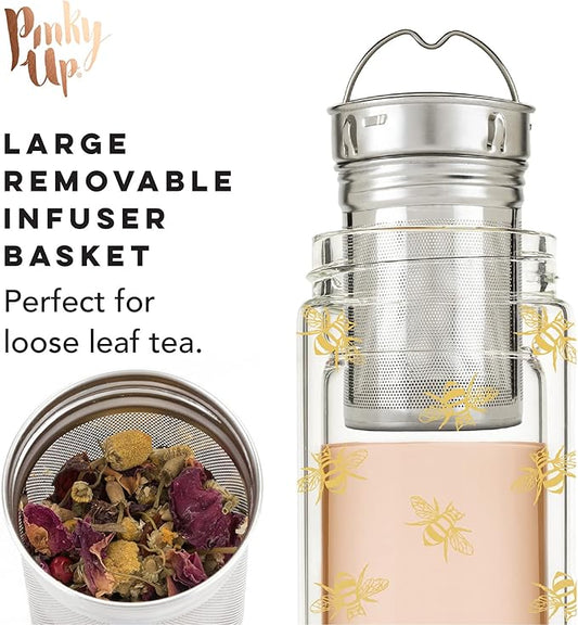 Pinky Up Blair Tea Infuser Mug with Strainer and Lid, Double Walled Glass Tumbler for Home Office, Travel, Picnic, Camping, 16 oz, Set of 1, Arabesque Gold