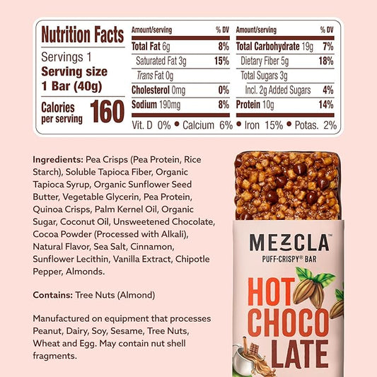 Mezcla Puff Crispy Protein Bars, Gluten Free & Vegan Protein Bars, 10g Protein, Alt for Crispy Rice Treat, Granola Bars & Breakfast Bars, Healthy Snacks for Adults, Hot Chocolate, 12 Pack