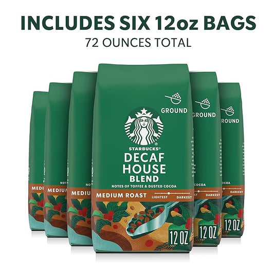 Starbucks Ground Coffee, Medium Roast Hot or Iced Coffee, Decaf House Blend, Six 12 oz Bags