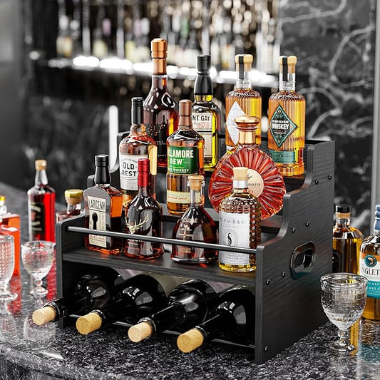 KLM 4-Tier Wood Display Shelf, Black Modern Bottle Organizer, Countertop Bar Stand for Liquor, Coffee Syrup, (Black)