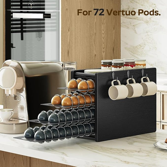 Coffee Pod Drawer Holder, 72 Pods Large Capacity, 4 Tier Holder for Vertuo, Coffee Pod Organizer for Countertop, Storage Rack for Nespresso Vertuo Pods, Space Saving, Black KH06BB