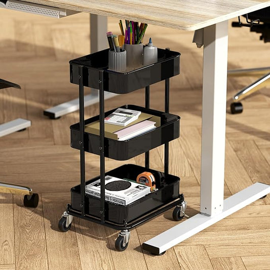 Simple Houseware 3-Tier Compact Utility Rolling Cart, Low 24” Height Fits Under Desk, Space-Saving Storage for Home Office, Dining Room, or Kitchen, Black