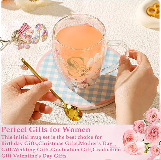 Gifts for Women Double Wall Flower Glass Coffee Mug Initial Glass Cup Personalized Monogrammed Gift Birthday Wedding Christmas Valentine Mother's Day Gift for Wife Friends Birde Stocking stuffers (S)