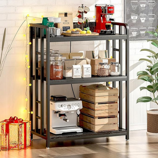 Bakers Rack with Power Outlet,Adjustable Microwave Stand with Storage,3-Tier Kitchen Shelves,Microwave cart Suitable for Kitchen,Dinning Room,Coffee Bar,Living, Black
