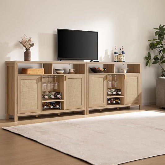 SICOTAS Rattan Coffee Bar Cabinet, 102" Large Sideboard Buffet Cabinet with Storage, Farmhouse Liquor Cabinet with Wine Racks Credenza Console Buffet Table for Home Living Dining Room Entryway
