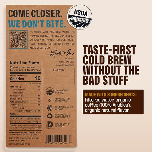 Wandering Bear Organic Vanilla Coffee Cold Brew On Tap, Iced Coffee Drink -Extra Strong, Smooth, No Sugar Added, Shelf-Stable, Ready to Drink, Gluten Free & Vegan Decaf -16 Servings of 6fl.oz -96fl.oz
