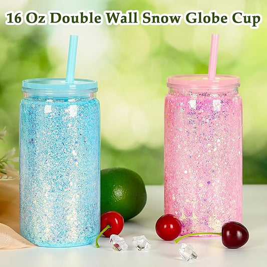 16 Oz Plastic Snow Globe Tumbler with Lid and Straw, 10 Pack Double Wall Pre Drilled Plastic Mason Jar Cups Can for Snow Globe Glitter DIY Gift(Mixed Colors)