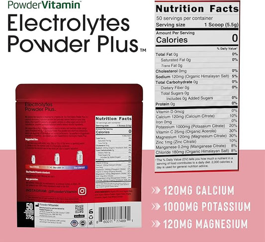 Electrolytes Powder Plus (50 Servings), 0 Calorie Keto, 0 Sugar, No Maltodextrin,1000mg Potassium,120mg Calcium,120mg Magnesium, Hydration Powder (50 Servings, Hibiscus)