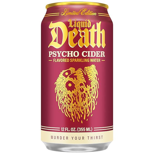 Liquid Death Soda-Flavored Sparkling Water - Psycho Cider (Apple Cinnamon), Less Sugar*, Huge Flavor, No Caffeine, No Artificial Sweeteners, 12 Fl Oz (Pack of 12)