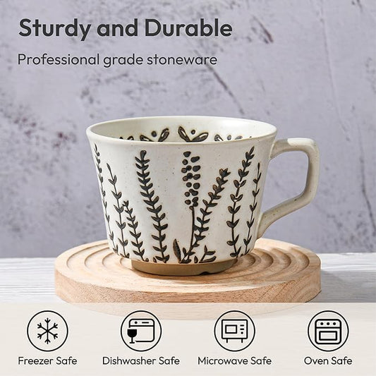 LINVIA Ceramic Coffee Mug, 12 oz Novelty Unique Teacup with Handle, Stoneware Cup for Tea Mocha Latte Cappuccino Espresso (Set of 4, Butterfly Grass Ivy and Leaf) | Novelty, Unique Teacup, Large Handle, Tea, Mocha, Latte