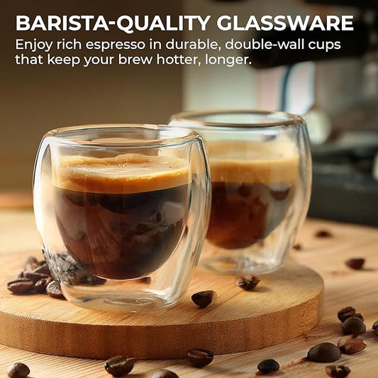 Kaffe Double Wall Insulated Glass Coffee Cups (2 x 3oz) - Small Clear Espresso Shot Glasses - Heat Resistant Insulated Borosilicate Glass Mugs for Warm Beverages, Capuccinos, Teas, Lattes