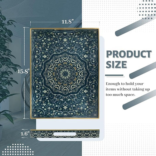 MAONAME Serving Tray with Handles, Plastic Rectangular Tray for Coffee Table, Dark Blue Boho Decorative Trays for Ottoman, Living Room, 15.8" Lx 11.8" W X 1.6" H