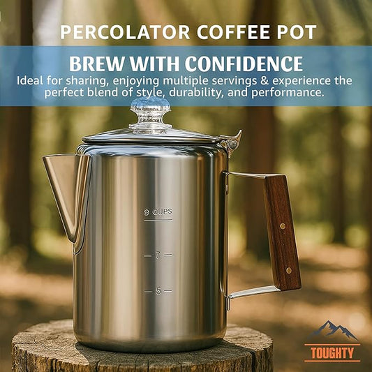 Toughty Yosemite Percolator Coffee Pot – Classic Stovetop Coffee Maker for Camping, Hiking & Home, Durable Stainless Steel Pot, Compatible with All Stovetops – Old-Fashioned 9-Cup Percolator, Silver