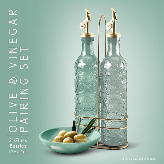 COOK WITH COLOR Glass Olive Oil Bottle Dispenser - 2 Pack- 17oz Oil and Vinegar Cruet - Olive Oil Carafe Decanter for Kitchen, Floral, Green