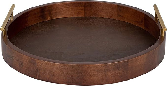 Kate and Laurel Lipton Mid-Century Modern Round Wooden Tray, 15.5" Diameter, Dark Walnut Brown with Gold Handles, Decorative Accent Tray for Storage and Display