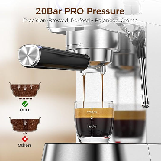 Kndko Espresso Machine, 20 Bar Espresso Coffee Machine with Milk Frother, Compact Stainless Steel Coffee Maker with 34oz Removable Water Tank for Cappuccino, Latte