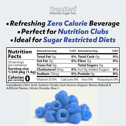 GramZero All Natural Blue Raspberry Zero Calorie Sugar Free Drink Mix, Great For Nutrition Club Loaded Tea, Stevia Sweetened