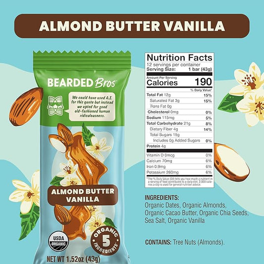 Bearded Brothers, Organic Vegan Protein Energy Bars, Almond Butter Vanilla (12 Pack) - Gluten Free, Paleo, Fiber, Whole 30 | Non GMO Low Glycemic Snacks (Packaging May Vary)