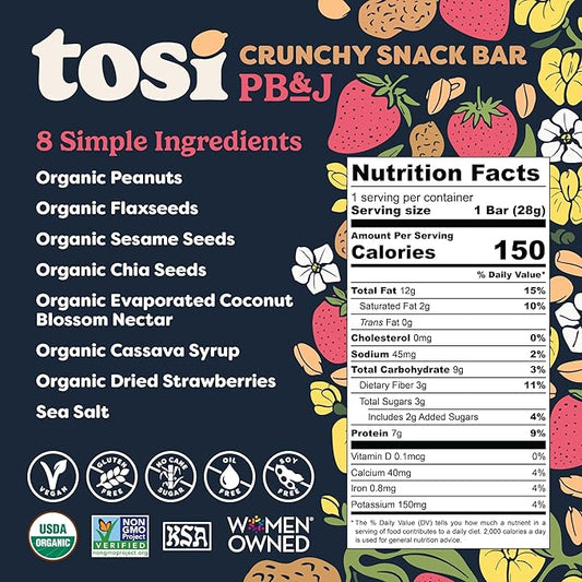 Tosi Nut Bars, PB&J, Healthy Snacks for Adults & Kids, Plant Based Crunchy Bars (7G Protein), Organic Keto Snacks, Vegan, Gluten & Soy Free, Low Sugar, Omega 3s, 1oz, 12-Pack