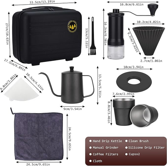 9-Piece Pour Over Coffee Set, Travel Camping Coffee Maker Kit with SS Kettle & Grinder, Hand Drip Gear for Outdoor Home, 2025 Holiday Gift