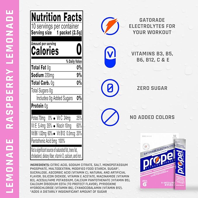 Propel Electrolyte Enhanced Water Drink Mix Powder Packets,Raspberry Lemonade,Zero Calorie & Sugar,Hydration with Electrolytes and Vitamins C & E (120 Packets),(Pack of 2)