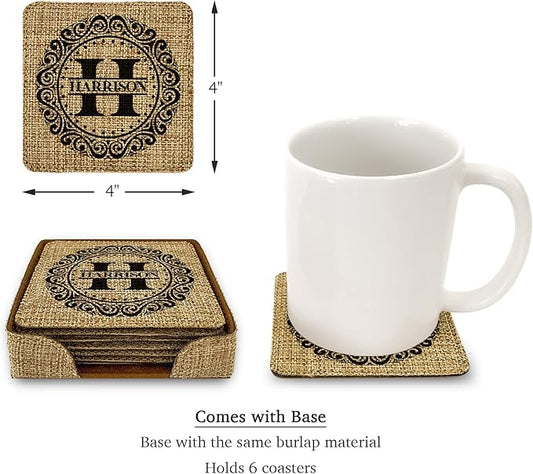 Smile Art Design Family Monogram Custom Coaster Set of 6 with Base Square Burlap Material Family Name Personalized Prints Personalized Gift House Warming Wedding Gift Coffee Table Rustic Decor Style5