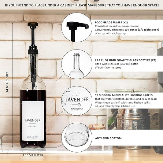 Demi's Home 25.4 oz 750 ml Glass Coffee Syrup Dispenser for Coffee Bar - 2 Pack - Comprehensive Label Set & ¼ oz Pumps Included