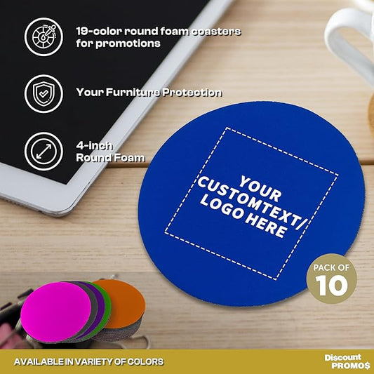 10 Round Foam Bud Coasters Pack, 4 inch - Customizable Text, Logo - PU Foam, Party Favor - Royal Blue
