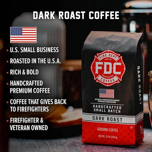 Fire Department Coffee - Gives Back to Firefighters - Bold & Smooth Dark Roast Ground Coffee - Roasted in the USA - Veteran Owned - 12 oz (Pack of 2)