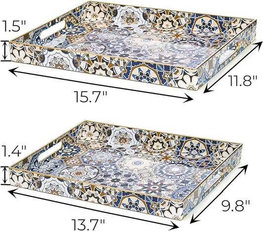 Hiceeden Set of 2 Decorative Serving Trays with Handles, Boho Tea Trays Ottoman Trays for Serving, Modern Plastic Coffee Table Tray for Living Room, Kitchen, Bathroom, Rectangle, Blue