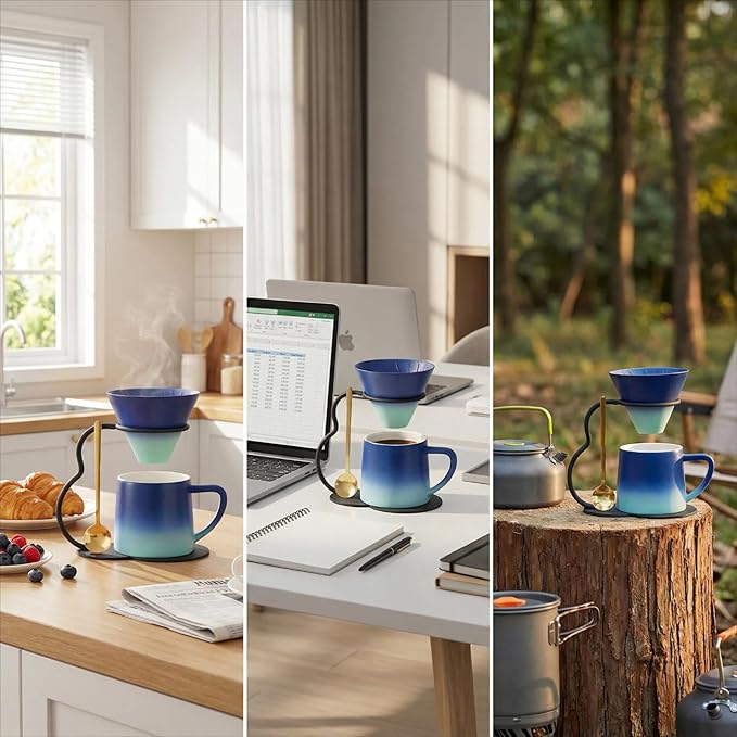 Pour Over Coffee Maker set,Ceramic Coffee Maker With V60 40 pcs Paper Filter,Metal Stand 9oz 270ml mug Pour Over Coffee Dripper blue
