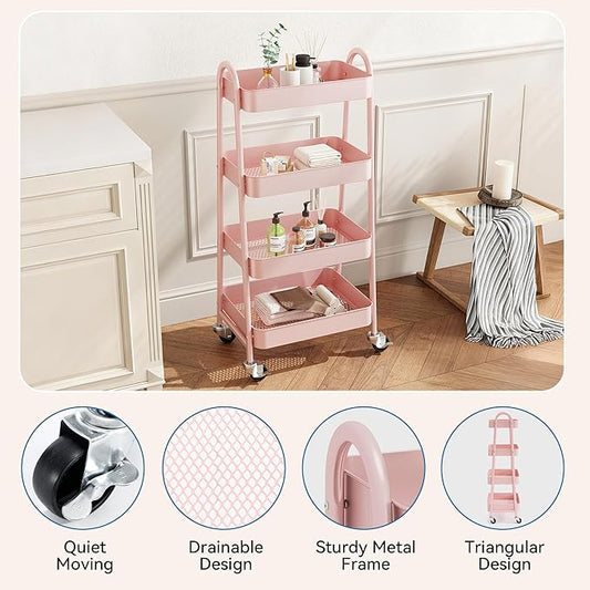 OLIXIS 4 Tier Utility Rolling Cart, Metal Mobile Storage Shelf with Lockable Caster Wheels, Organization for Livingroom, Bathroom & Narrow Places, 4-Tier Pink
