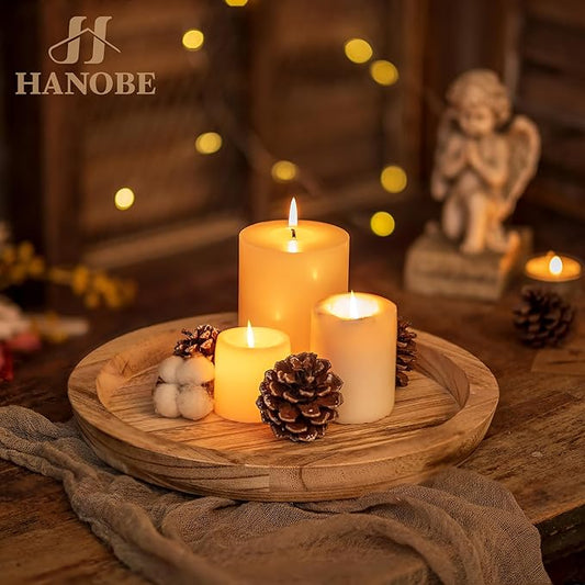 Hanobe Wooden Tray for Coffee Table: Candle Holder Plate Round Decorative Serving Tray - Vintage Table Centerpiece Rustic Farmhouse Home Decor