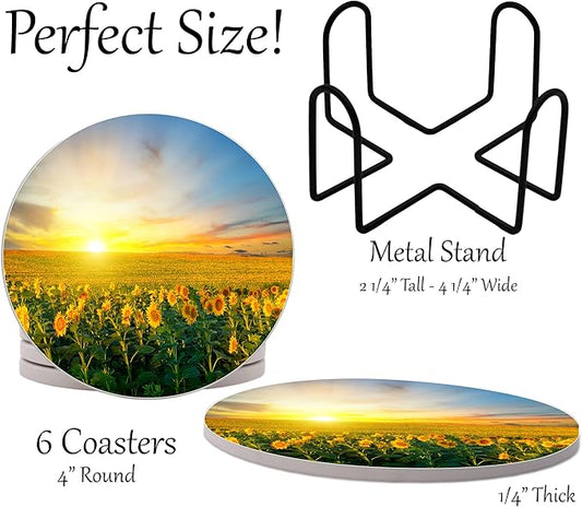 Summer Sunshine Beach Season Leaves Round Coasters Set of 6 - Abosrbent Ceramic Coasters with Metal Stand for Drinks, Coffee, Non-Slip Cork Back for Tabletop Protection, 4 Inches (Sunflower)
