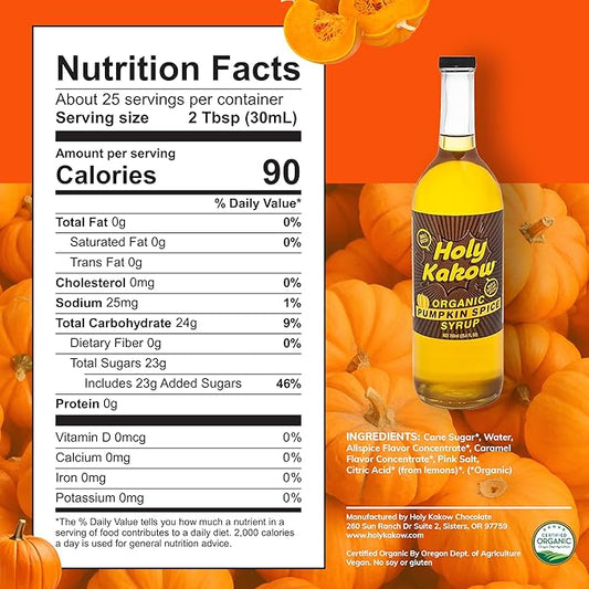 Holy Kakow Organic Pumpkin Spice Syrup - Pumpkin Spice Coffee Syrup, Organic Syrup for Coffee, Latte, Cocktail & Shake, Real Food Ingredients - 750ml