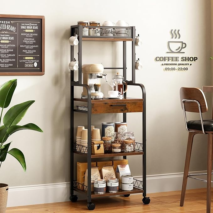 HavenlyYouth Coffee Bar Organizer Station- 5 Tier Coffee Stand Station with Wheels and Storage, Pod Drawers and 4 Hooks for k Cup Organizer, Tea Bar, Living Room, Kitchen,Office